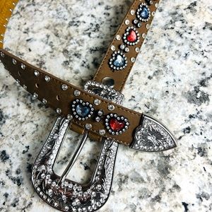 Girls Nocona Belt Sz 28 Western Leather Rhinestones Hearts